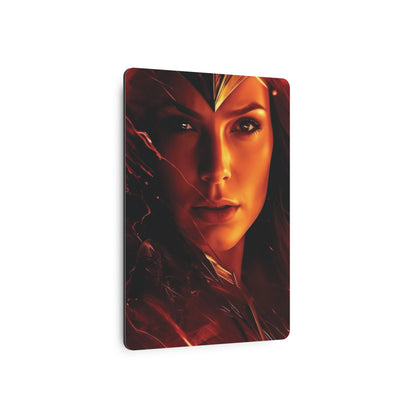 Close-up view of the Wonder Woman Metal Art Poster, highlighting the captivating details of the heroic figure, designed to elevate sophisticated wall decor.