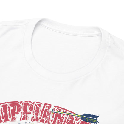 Close-up of the neckline of a Native American Heritage Graphic T-Shirt, showcasing the intricate details of the Wolf Headdress design combined with the prominent inscription, crafted for those who embrace their heritage.