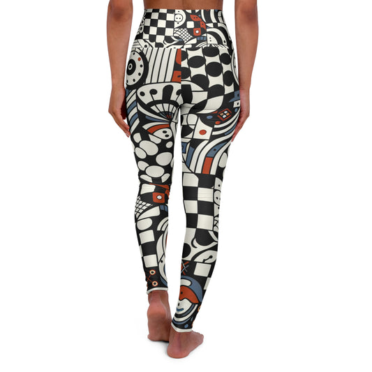 Back view of Andrea Bellecci High-Waisted Leggings showcasing unique checkerboard patterns and dynamic organic shapes for a sophisticated look.