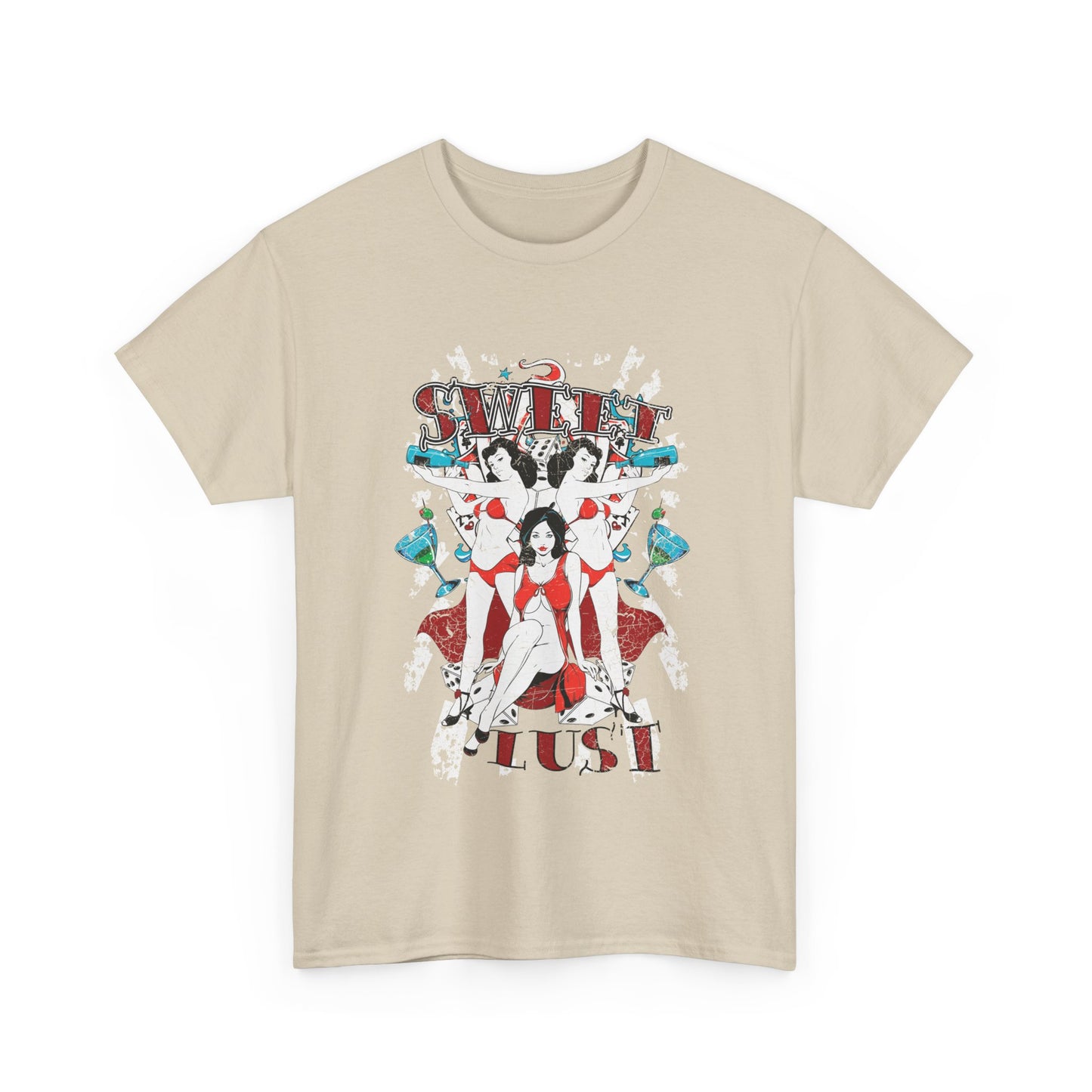 Stylish beige graphic t-shirt featuring a vibrant retro design with the words 'SWEET LUST' and eye-catching figures in red attire, ideal for making a bold fashion statement.
