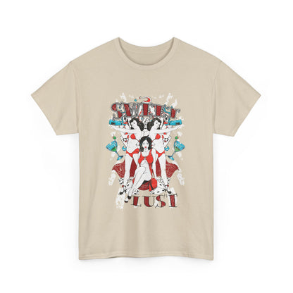 Stylish beige graphic t-shirt featuring a vibrant retro design with the words 'SWEET LUST' and eye-catching figures in red attire, ideal for making a bold fashion statement.