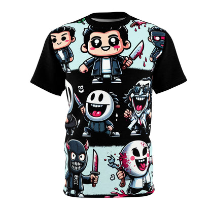 Spooky Doodles McHauntley T-Shirt designed by Dazzling Dreams Studio, showcasing quirky cartoon villains on a bold black background.