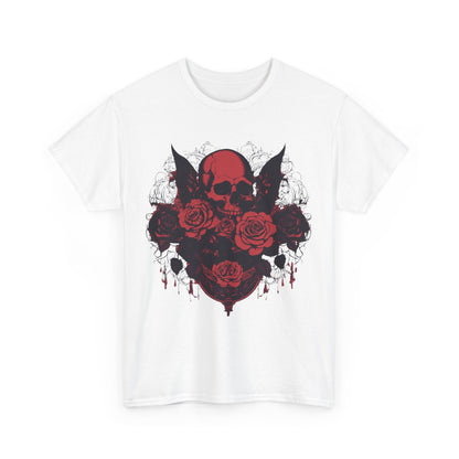 Close-up of the Skulls and Roses Cotton Tee with bold red skull and rose graphics, radiating boldness and individuality for any occasion.