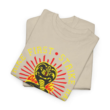 High-quality stacked view of Cobra Kai graphic t-shirts showcasing the memorable snake symbol and martial arts slogan, ideal for collectors and fans.