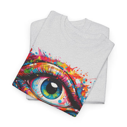 Folded grey t-shirts displaying an artistic eye design in vivid colours, illustrating an elegant blend of graffiti and fashion, ideal for art enthusiasts.