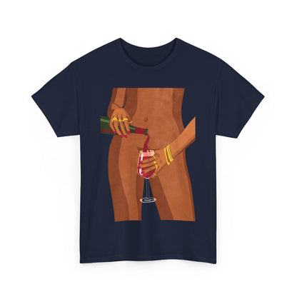 Vibrant Wine Glass Women's Graphic T-Shirt in navy, featuring an artful illustration of a figure pouring wine into a glass, epitomising luxury and style in everyday fashion.