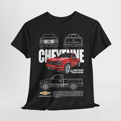 Stylish black Chevrolet Cheyenne T-shirt featuring bold graphic design with iconic red pickup truck illustration and capitalised 'CHEYENNE 400SS' text. Perfect for automotive enthusiasts.