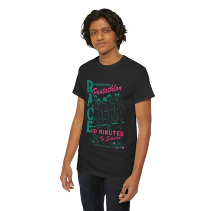 Chic male model presenting a black T-shirt with striking Squid Game graphics, a perfect blend of humour and sophistication for fans of modern apparel.