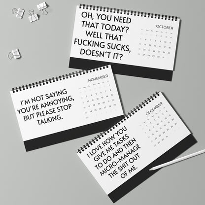 2025 Humorous Desktop Calendar for Work displaying amusing quotes for October, November, and December, a must-have gift for those who appreciate a cheeky sense of humour.