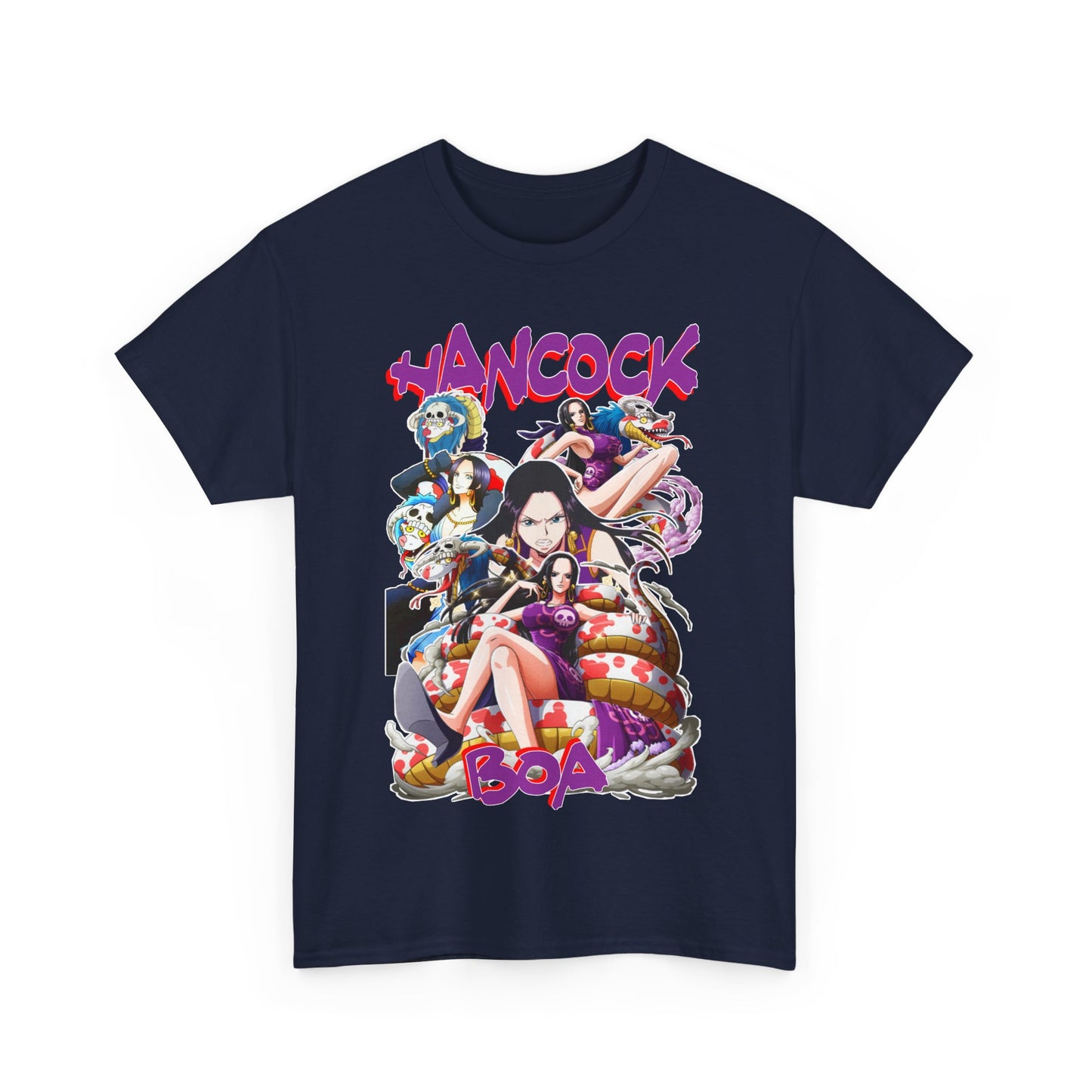 Elegant navy version of the Boa Hancock T-shirt adorned with impressive anime illustrations, a perfect addition to any stylish anime lover's collection.