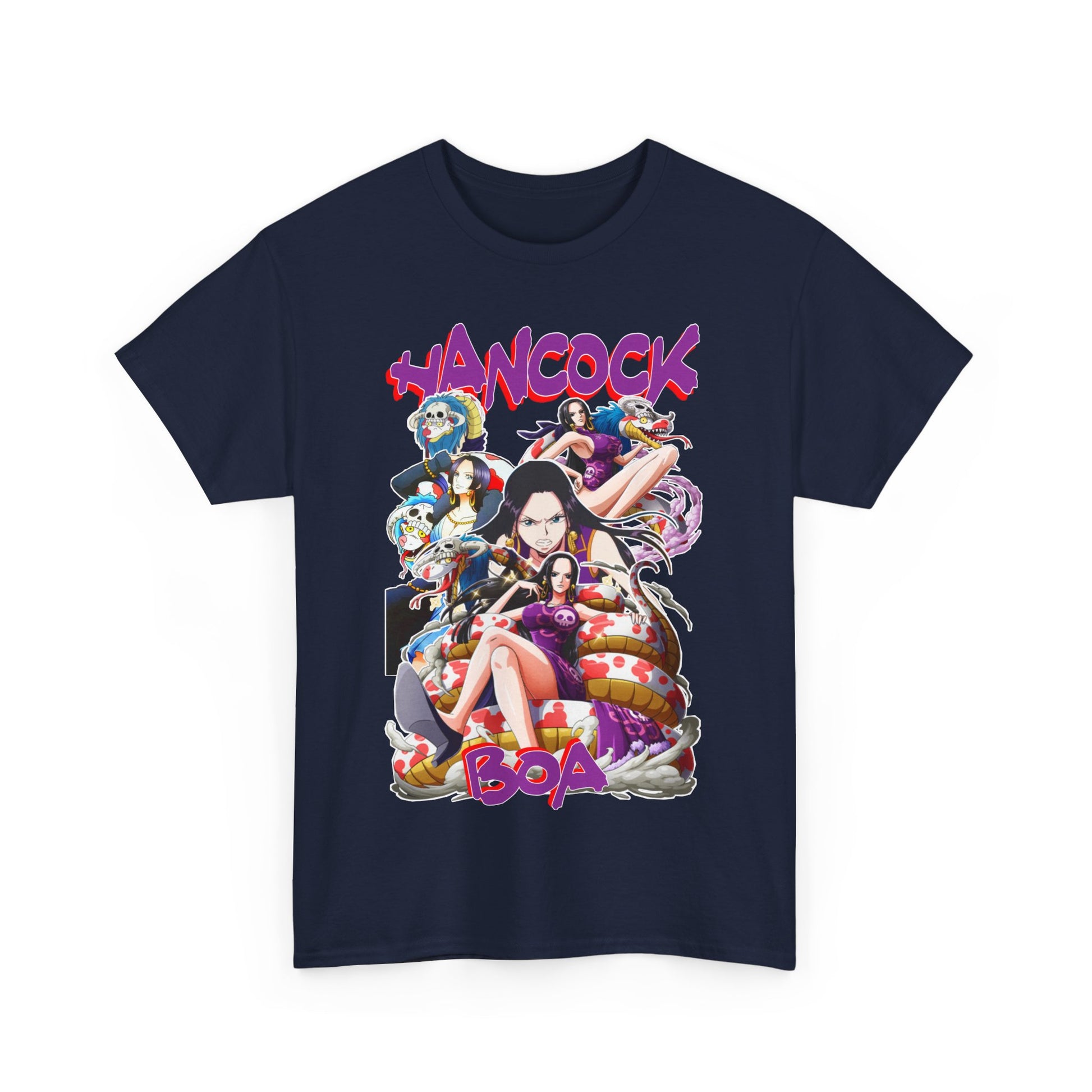 Elegant navy version of the Boa Hancock T-shirt adorned with impressive anime illustrations, a perfect addition to any stylish anime lover's collection.