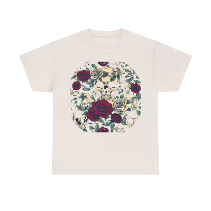 Skulls and Roses Cotton Tee exhibiting a captivating steampunk design on an off-white unisex graphic shirt, ideal for a diverse range of occasions.