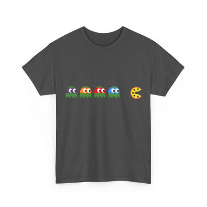 Teenage Mutant Ninja Turtles Pizza Pacman Graphic Unisex Tee Shirt featuring a playful design with pixelated Pacman ghosts and a pizza icon, perfect for nostalgic gamers.