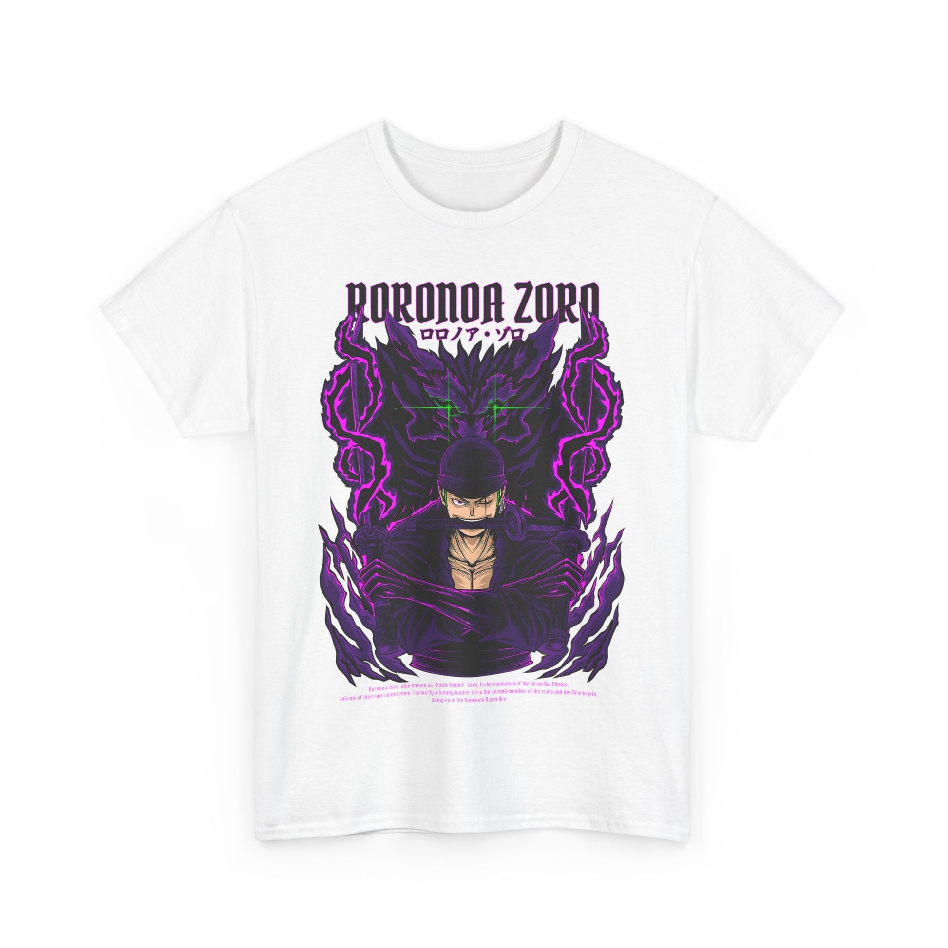 Exquisite Roronoa Zoro graphic tee featuring a dynamic illustration of the iconic anime character in a striking design, set against a dramatic purple and black background. This luxury anime apparel elevates your style with bold graphics and premium comfort, perfect for passionate fans and fashion-forward individuals.
