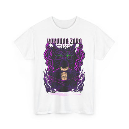 Exquisite Roronoa Zoro graphic tee featuring a dynamic illustration of the iconic anime character in a striking design, set against a dramatic purple and black background. This luxury anime apparel elevates your style with bold graphics and premium comfort, perfect for passionate fans and fashion-forward individuals.