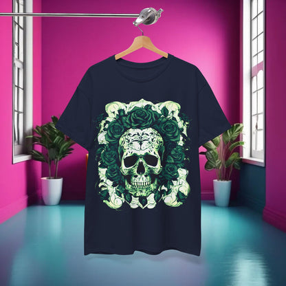 The Skulls and Roses Cotton Tee displayed elegantly in a luxurious setting, adorned with an intricate skull graphic surrounded by roses.