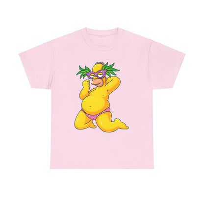 Homer Simpson Unisex Cotton Tee - Graphic T-Shirt with Playful Caricature Design showcasing Homer in a playful stance, wearing a purple mask and pink bikini, perfect for adding a whimsical flair to your wardrobe.