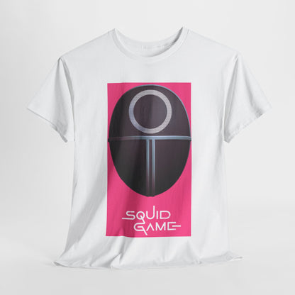 Luxurious Squid Game Unisex Graphic Cotton T-Shirt featuring a striking design of an iconic character mask with a pink background, perfect for street and urban style enthusiasts.