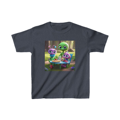 Kids Cute Aliens Heavy Cotton T-Shirt in dark navy featuring playful alien figures enjoying a meal, perfect for adventurous little ones.