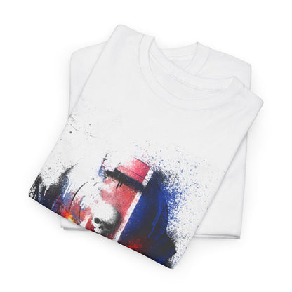 Sophisticated folded graphic t-shirts stacked, each adorned with the unique ‘Stranger Helm’ art design in captivating shades of blue and red, ideal for stylish layering.