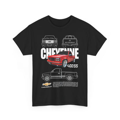 Men's Chevrolet Cheyenne T-Shirt featuring a bold graphic design, showcasing iconic pickup trucks including the red 400SS model with detailed line drawings and Chevrolet branding.