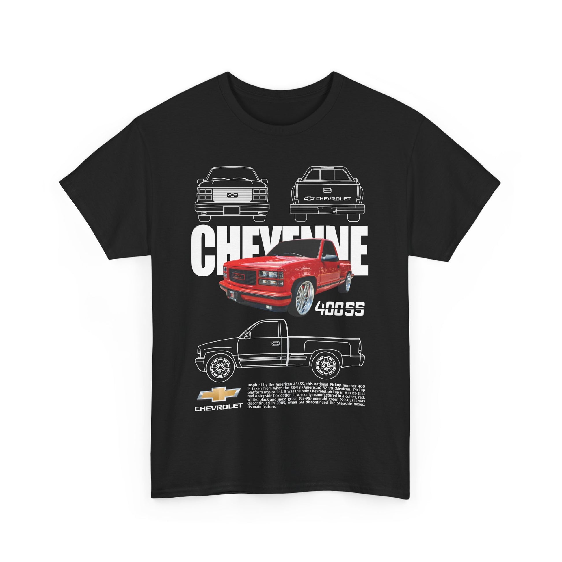 Sophisticated black Chevrolet Cheyenne Men's T-shirt featuring bold graphics of the iconic 400SS pickup truck, styled for automotive enthusiasts.