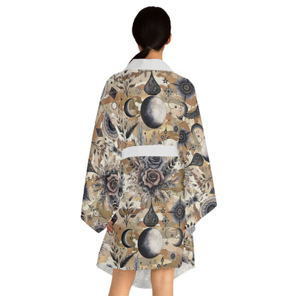 Elegant Floral Kimono Robe showcasing a stunning floral print, designed for women as part of luxury lounge wear. The robe features long bell sleeves and a chic belt tie, embodying boho chic style for ultimate comfort and sophistication.