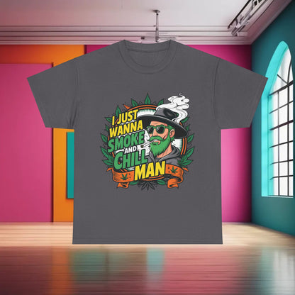 Stylish 420 Cannabis Marijuana Graphic T-Shirt displaying a captivating design with 'I Just Wanna Smoke and Chill, Man' on a charcoal grey fabric, suitable for trendy street fashion.