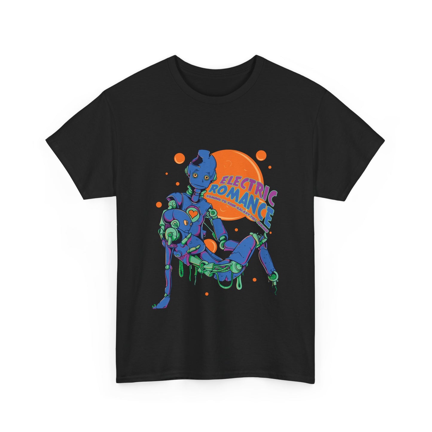 Sublime black men's t-shirt featuring vibrant futuristic robot art and bold 'Electric Romance' typography, perfect for avant-garde fashion enthusiasts.