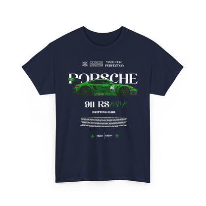 Chic navy Porsche 911 RS Men's T-Shirt displaying a vibrant green car design with refined typography, a must-have for automotive aficionados.