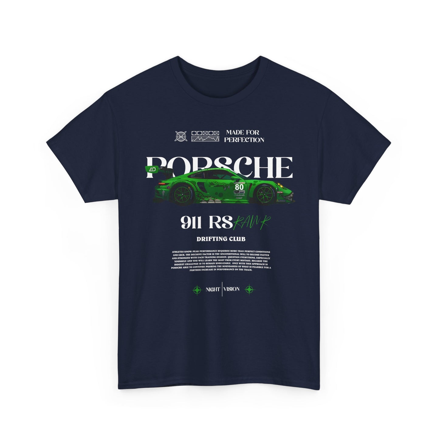 Front view of a navy men's t-shirt showcasing an eye-catching graphic of the Porsche 911 RS, accompanied by the text 'DRIFTING CLUB', appealing to luxury car aficionados.