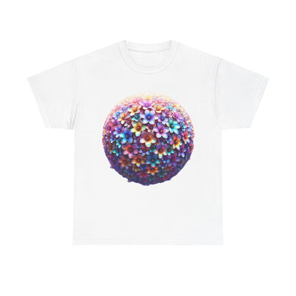 Iridescent Floral Sphere Unisex Cotton Tee Graphic T Shirt in white, featuring a vibrant floral sphere design.