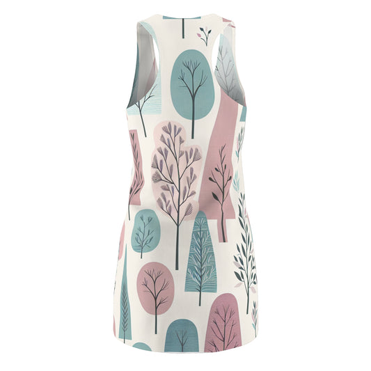 Elegant racerback design of the Pastel Dream Tree Silhouette Dress showcasing soothing hues of soft pink and lavender, perfect for modern feminine fashion.