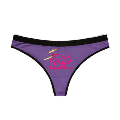 Elegant purple thong underwear displaying a catchy 'Good Girl' design in pink, perfect for adding a touch of fun to your lingerie collection.