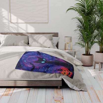 Luxury Decorative and Warm Halloween Spooky Arctic Fleece Blanket draped stylishly over a bed, showcasing a mesmerizing design with a black cat and jack-o'-lanterns, perfect for autumn decor.
