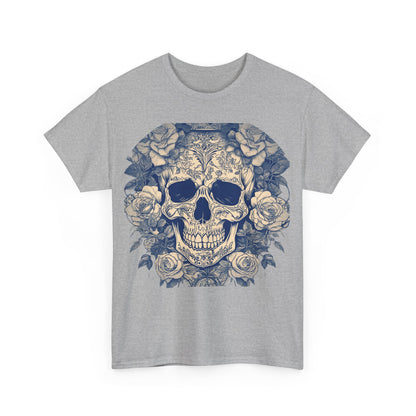 Skulls and Roses Cotton Tee, Unisex Graphic Shirt in grey featuring a detailed skull and rose design, perfect for edgy fashion enthusiasts.
