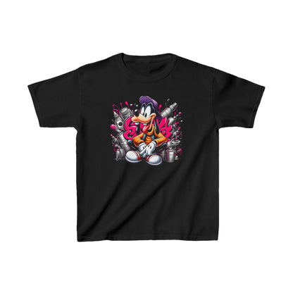 Childs Goofy Graffiti Vibe Unisex Graphic Tee Shirt Kids featuring vibrant graffiti-inspired artwork of Goofy in a stylish urban design, surrounded by spray cans, perfect for trendy young fashion enthusiasts.
