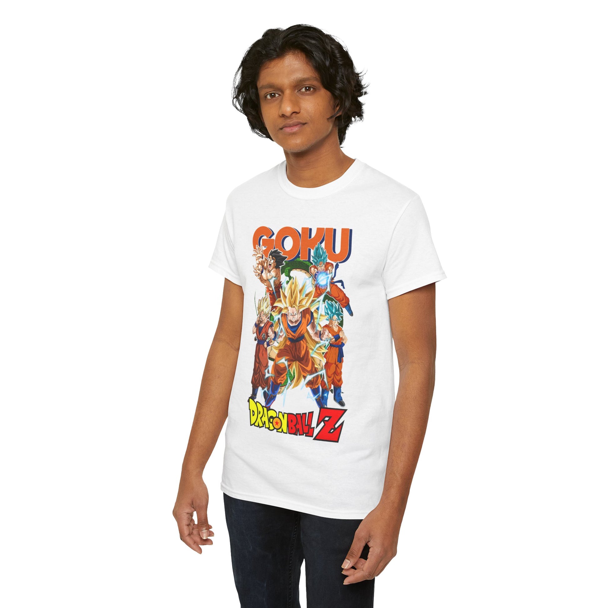 Luxurious Goku Power Surge T-shirt featuring an impressive Dragon Ball Z graphic design, showcasing multiple Goku forms in vibrant colours on a white background, ideal for anime enthusiasts.