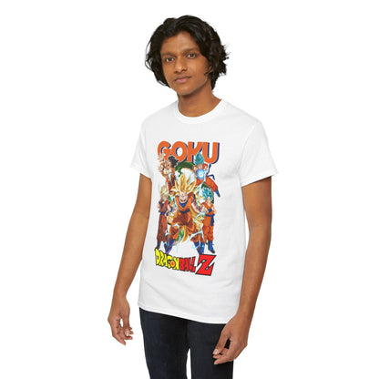 Luxurious Goku Power Surge T-shirt featuring an impressive Dragon Ball Z graphic design, showcasing multiple Goku forms in vibrant colours on a white background, ideal for anime enthusiasts.