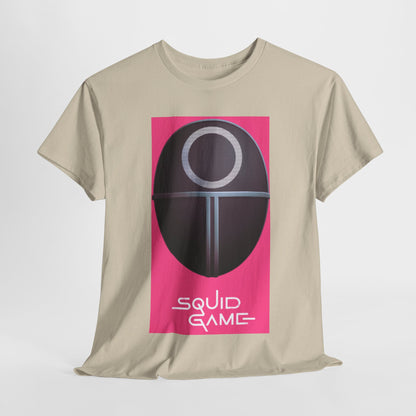 Luxury Squid Game Unisex Men's Women's Graphic Cotton T Shirt featuring an iconic game mask design on a beige background, perfect for street urban fashion.