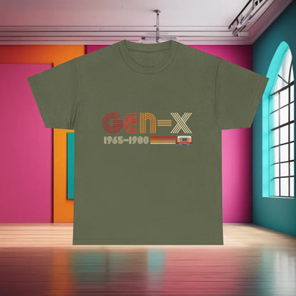 Gen X 1965 - 1980 Graphic T-Shirt in olive green, featuring bold typography and cassette tape design, perfect for retro fashion enthusiasts.