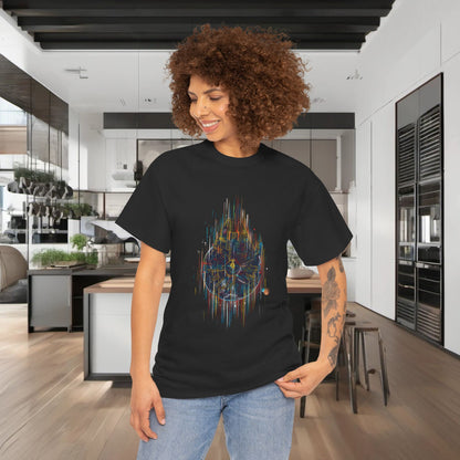 Elevate your style with the Millenium Falcon Abstract Art Graphic T-Shirt, featured in a chic urban setting, showcasing the vibrant design on a unisex cotton tee.