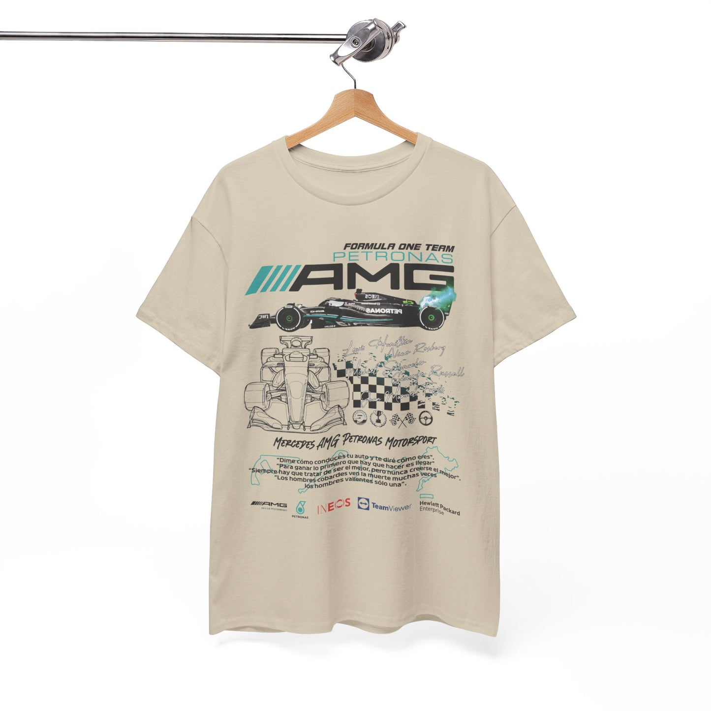 Luxury men's F1 Mercedes AMG Petronas T-Shirt, featuring dynamic race car graphics and logos, displayed elegantly on a hanger.
