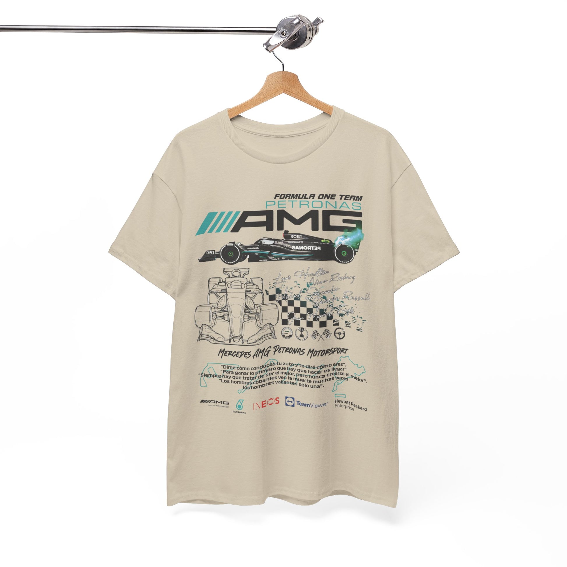 Luxury men's F1 Mercedes AMG Petronas T-Shirt, featuring dynamic race car graphics and logos, displayed elegantly on a hanger.