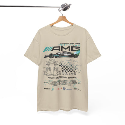 Luxury men's F1 Mercedes AMG Petronas T-Shirt, featuring dynamic race car graphics and logos, displayed elegantly on a hanger.