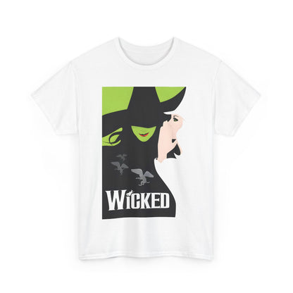 Wicked Movie Logo Graphic Unisex T-Shirt - Premium Cotton Fashion Tee in white, displaying a stunning graphic of beloved characters against a vibrant green backdrop.