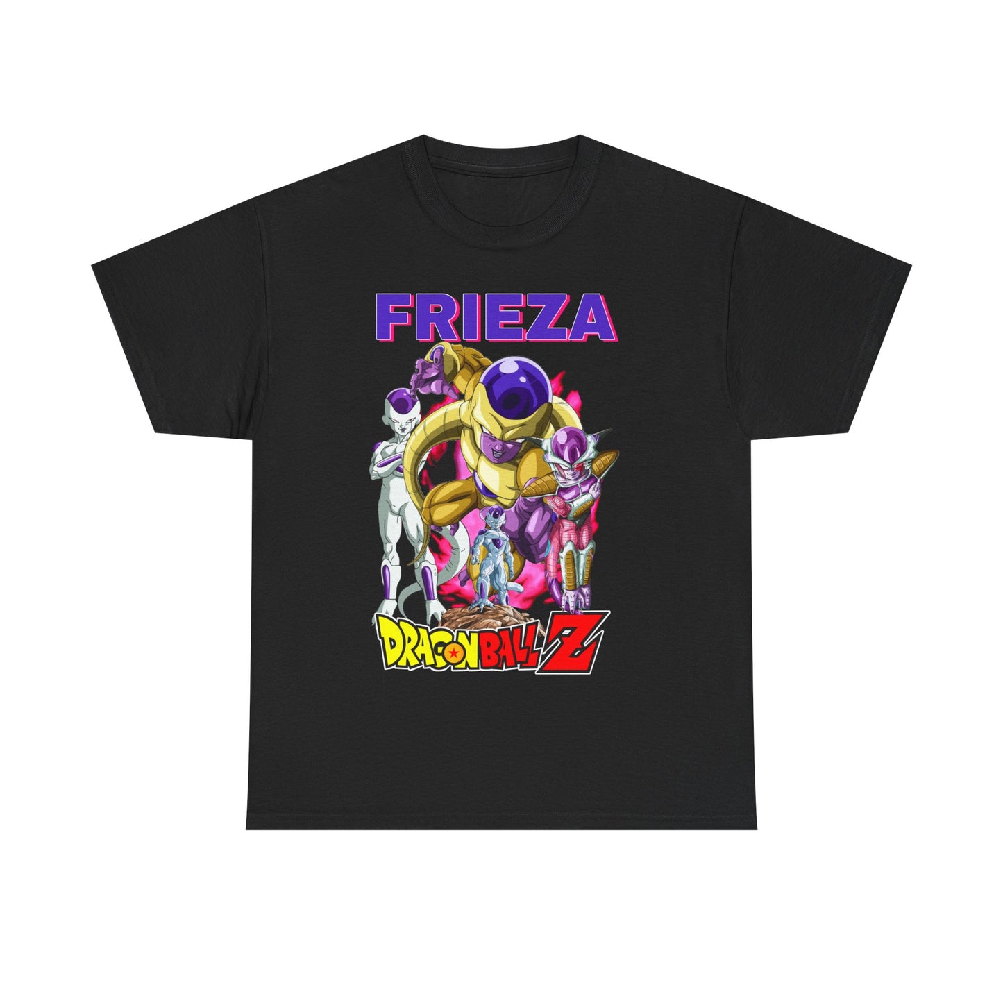 Luxurious Dragon Ball Z Frieza T-Shirt featuring a vibrant graphic of multiple Frieza figures in action against a striking background, perfect for anime enthusiasts.