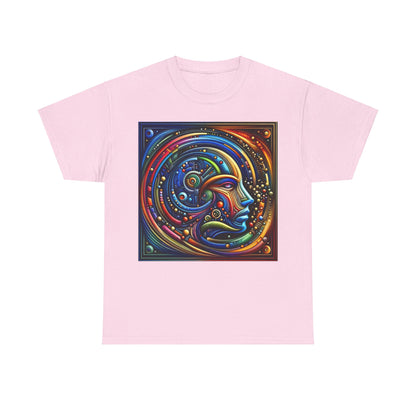 Stained Glass Dreams Unisex T-Shirt in soft pink showcasing a captivating abstract face design with rich colours and geometric elements.
