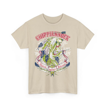 Native American Heritage men's graphic t-shirt in beige featuring a stunning wolf headdress design, symbolising strength and cultural connection, embellished with intricate colours and textures.