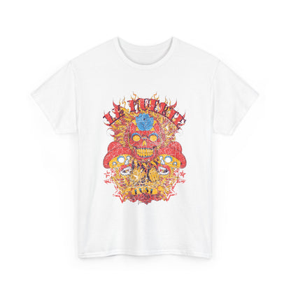 Sophisticated white t-shirt featuring a prominent sugar skull design, intricately designed with vibrant colors and artistic flair, perfect for making a bold statement.